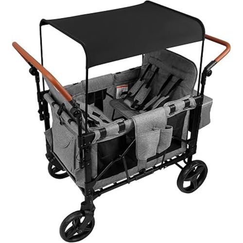 Stroller Wagon for 4 Kids, Wagon Cart with 4 High Seat and Wheels, Foldable Double Push Bar Wagon Stroller for Garden Beach Camping Sports, Utility Cart with Side Pockets