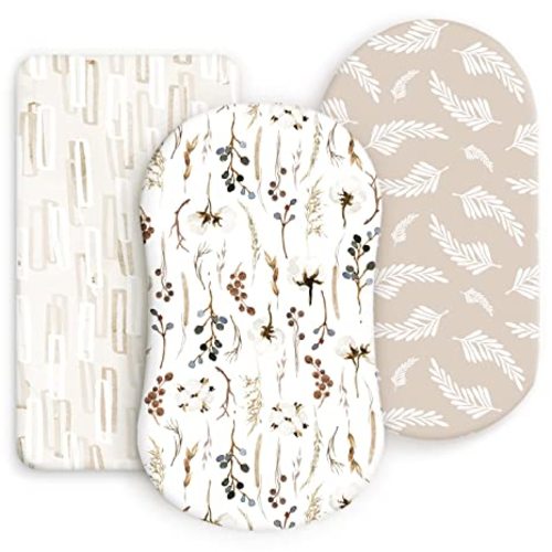 GRSSDER Stretchy Ultra Soft Fitted Bassinet Sheet Set 3 Pack, Universal Fit for Bassinets Baby Cradle Moses Basket Oval Rectangle Mattress Safe and Snug, Stylish Pretty Flora for Baby, Beige