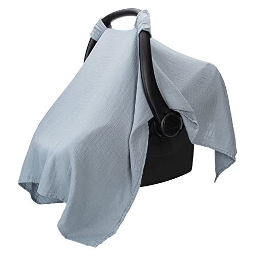 Comfy Cubs Baby Car Seat Cover - Soft, Breathable and Lightweight, 70% Rayon & 30% Muslin Cotton - Infant Car Seat Cover for Sun, Bug & Comfort Protection with Large Size Car Seat Canopy, Pacific Blue