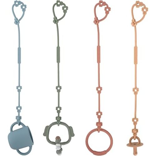 Toy Safety Straps, Silicone Pacifier Clips, Adjustable Stretchable Sippy Cup Straps for Strollers, High Chair, Cribs, Hanging Baskets, Car Seat, Shopping Trolley, 4 Pack, (Ether+Sage+Muted+Apricot)