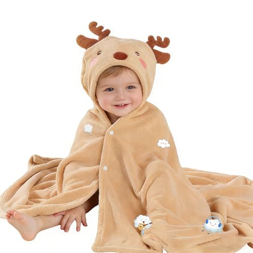 Toddler Baby Bath Towel with Hood 27.5"X55" Ultra Absorbent Soft Cozy Comfort Bathrobe Blanket, 0-6 Years Infant Shower Towel for Girls & Boys(Beige Deer)