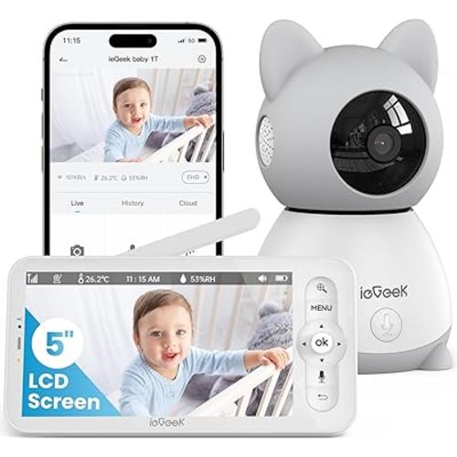ieGeek Baby Monitor with Camera and Audio - 2K Video Monitor with 5" Screen - Night Vision, Two-Way Talk, Cry&Motion Detection, Temper& Humidity Sensor, PTZ, Remote Control via Screen and Free APP