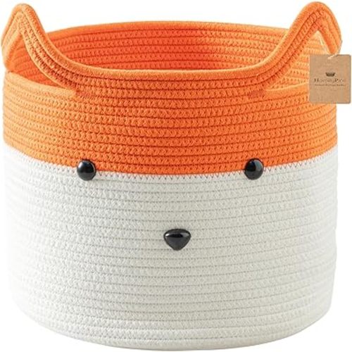 Fox Basket, Woven Cotton Rope Storage Basket for Baby, Empty Gift Basket with Handle, Animal Laundry Basket Organizer for Towels, Blanket, Toys, Clothes – Pet or Baby Gift Baskets
