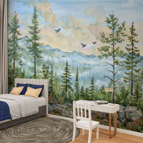 Millwood Pines Peel and Stick Canvas Wallpaper Wall Mural Green Forest Woodland Nursery Room Pine Trees Mountains Fog Birds Wall Art Self Adhesive and Removable | Wayfair