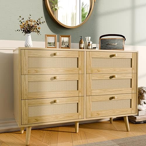 6 Drawer Storage Rattan Dresser, Boho Dresser Chest for Bedroom Hallway Living Room, Oak