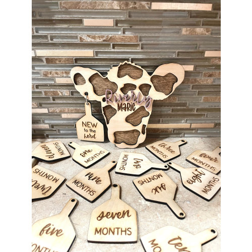 Cow Tag Baby Milestones, Baby Shower Gift, Baby Boy, Birth Announcement Sign, Engraved Wood Monthly Milestone Photo Prop, Cow Baby Name Sign
