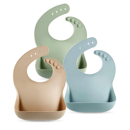 PandaEar Set of 3 Silicone Baby Bibs Waterproof, Soft, Unisex, 10-72 Months (Brown/Blue/Green)