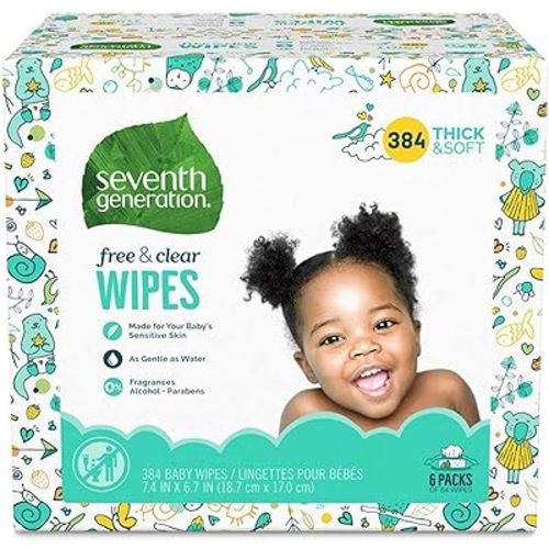 Seventh Generation Baby Wipes, 384 count, Made for Sensitive Skin with Flip Top Dispenser,64 Count (Pack of 6)