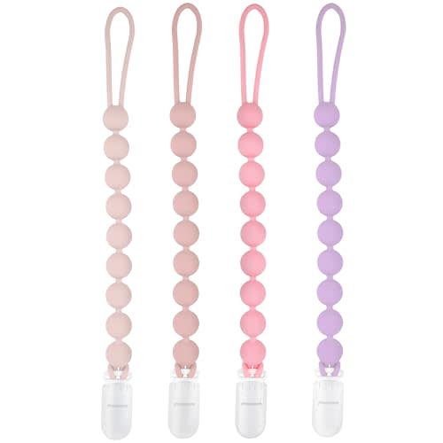 MINMUNJIU Silicone Pacifier Clip Holder, 4 Pack One Piece Soft Flexible Binky Clips Pacifier Holder Clip for Girls, baby girl newborn essentials, Teething Relief