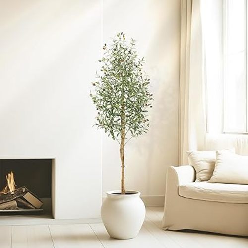 Olive Trees Artificial Indoor, 6FT Tall Faux Silk Plant White Planter, Fake Olive Trees with Natural Wood Trunk and Green Fake Moss for Home Office Decor,1 PCS