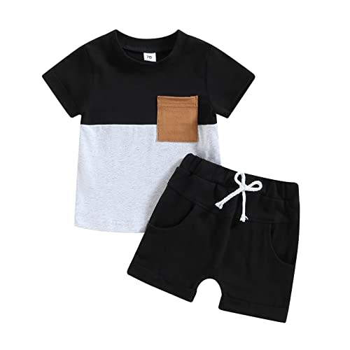 Rtnnsbbfcm Newborn Baby Boy Summer Clothes Short Sleeve Color Block Front Pocket T-Shirt Top Shorts 2Pcs Casual Outfit