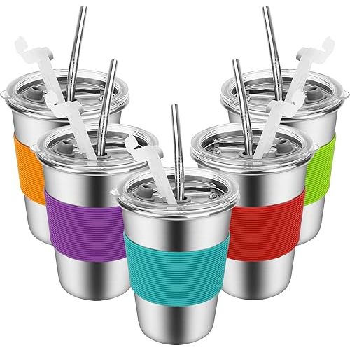 Yummy Sam Stainless Steel Cups with Straws and Lids,12oz Spill-proof Kids Tumblers Dishwasher Safe, Unbreakable Metal Toddler Cups with Heat-insulated Sleeves for Cold and Hot Drinks 5 Pack