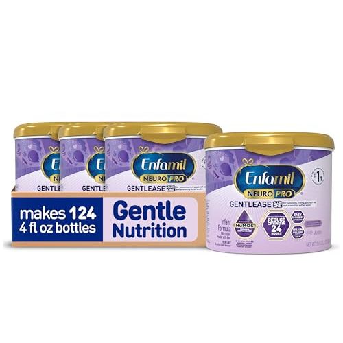 Enfamil NeuroPro Gentlease Baby Formula, Infant Formula Nutrition, Brain Support that has DHA, HuMO6 Immune Blend, Designed to Reduce Fussiness, Crying, Gas & Spit-up in 24 Hrs, has Prebiotics to Promote Softer Stools, Reusable Tubs, 19.5 Oz, (Pack of 4)