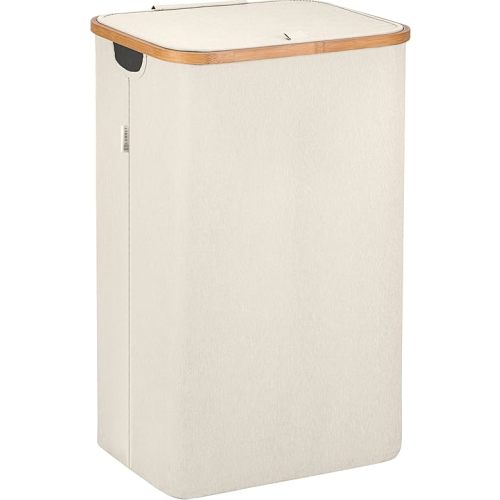 Lonbet - Laundry Hamper with Lid Cover - Sturdy Tall Bamboo Laundry Basket Clothes Organizer - Aesthetic Bedroom Fabric Bin - Big Bathroom Dirty Clothes Hamper - Removable Bag - XL 100 Liters - Beige