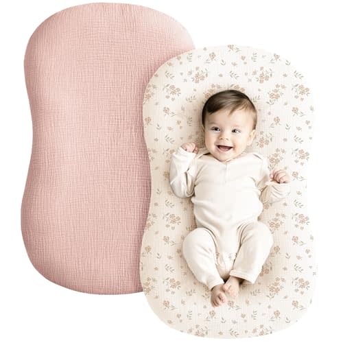 Konssy Muslin Baby Lounger Cover 2 Pack, 100% Cotton Newborn Lounger Cover (Blossom, Pink)