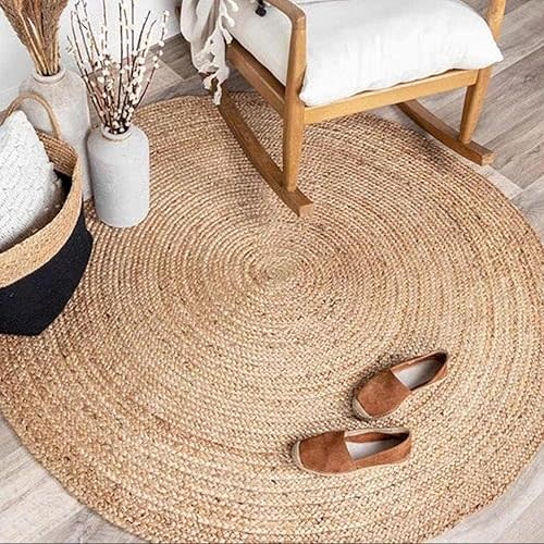 Jute Braided Area Rug, 6 feet Round, Stain Resistance Artisan-Crafted Natural Boho Area Rug,Tailored for Entryways, Living Room, Bedroom, Farmhouse Vintage Interiors, Reversible Design