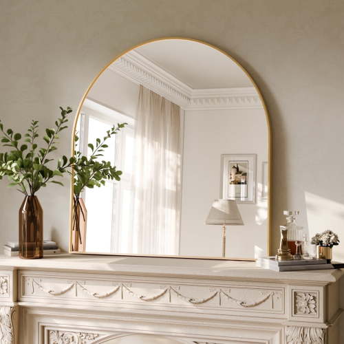 YVANLA 34"x32" Arched Bathroom Mirror Wall Mounted Mirror with Aluminum Alloy Frame, Gold