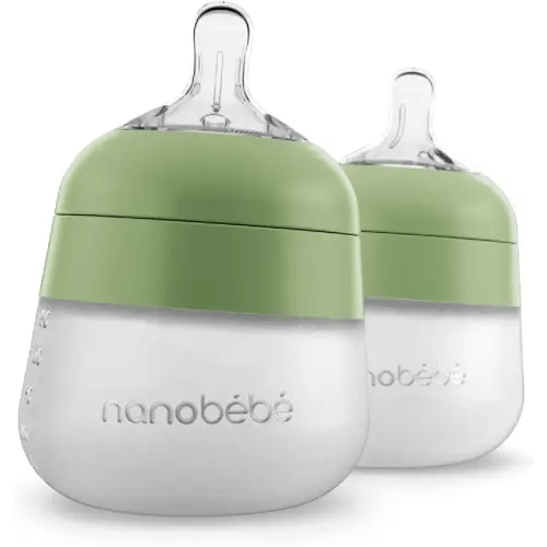 Nanobébé Flexy Silicone Baby Bottle, Anti-Colic, Natural Feel, Non-Collapsing Nipple, Non-Tip Stable Base, Easy to Clean 2-Pack, Sage, 5 oz