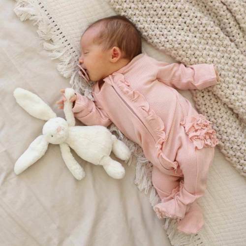 Lovely Pink Bamboo Waffle Zipper Ruffle Footie