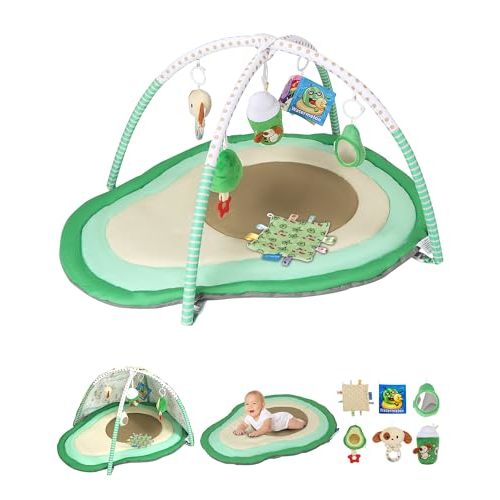 Tummy Time Mat, 9-in-1 Avocado Baby Play Gym Mat, Oversize Baby Play Activity Mats with Sunshade & 6 Detachable Sensory Toys, Washable Non-Slip Mat for Newborn Infant Baby Essentials Gift