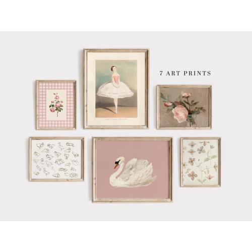 Pink Nursery Gallery Wall Set, Vintage Kids Room Decor,  Girls Gallery Art, Antique Wall Set, Digital Download