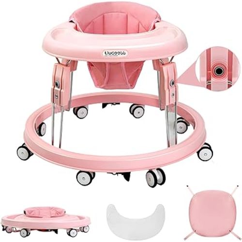 Baby Walker with Wheels, One-Touch Folding Baby Walkers, 7-Speed Height Adjustment with Large Dinner Plate, Anti-Roll 8-Wheel with Brake for 6-18 Months Baby, Full Pink
