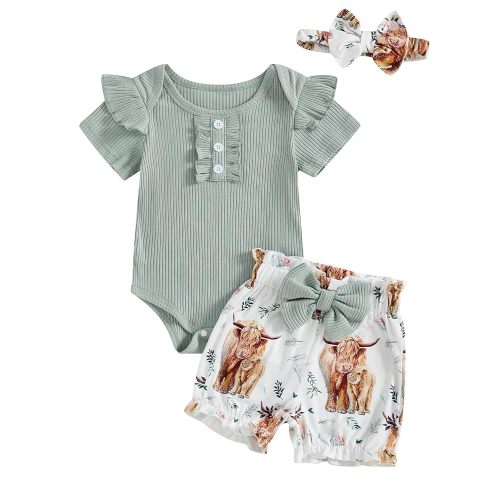 MERSARIPHY Newborn Baby Girl Summer Clothes Rib Knit Romper Floral Cow Shorts Set Western Cowgirl Outfit 0 3 6 12 18 Months