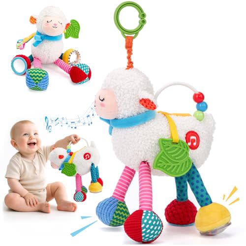 hahaland Baby Toys 0-6 Months - Baby Sensory Toys 0-3-6 Months Car Seat Toy Hanging - Musical Animals with Pull String Rattle Teether Crinkle Mirror, Crib Stroller Toy Tummy Time Babies Girl Boy Gifts