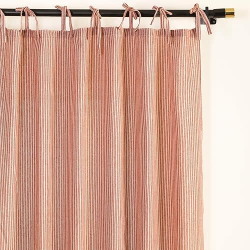 Striped Curtains, Boho Linen Tie Top Hanging Curtains 2 Panel Set (L96”xW42” Each Panel)