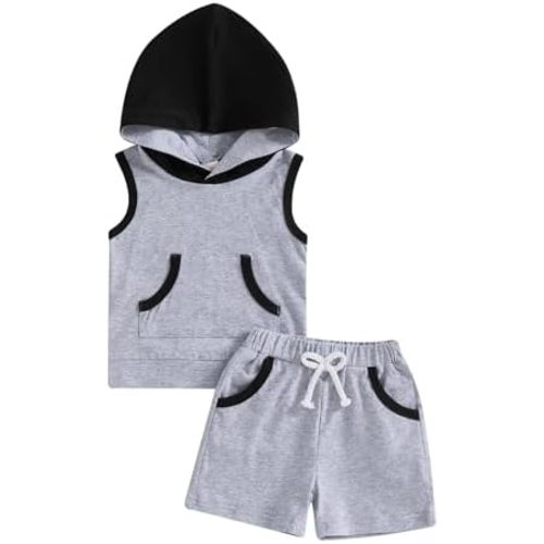 Ledy Champswiin Summer Toddler Boy Clothes Set, Cotton Baby Boy Outfits Hooded Tank Tops and Shorts