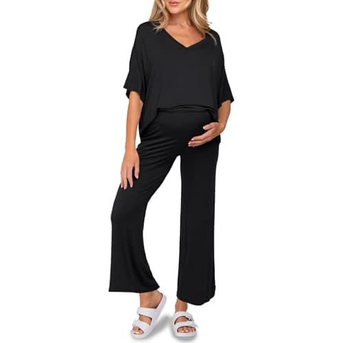 Tankaneo Womens Maternity Pajamas 2 Piece Lounge Set Soft Short Sleeve V Neck T-shirt Cropped Pants Pregnancy Loungewear