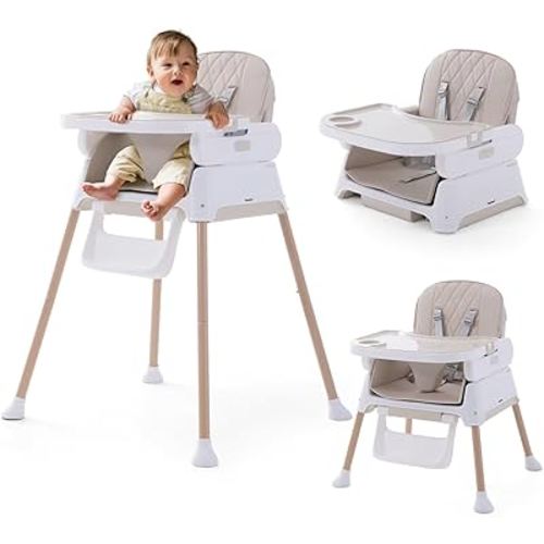 3 in 1 Baby High Chair, Portable High Chairs for Babies and Toddlers, Adjustable Convertible Infant Baby Feeding Chair Booster for Eating with Detachable Double Tray, 5 Point Harness, Footrest Cream