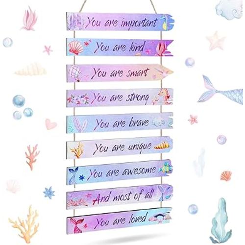 9 Pcs Watercolor Mermaid Wall Decor Inspirational Mermaid Wall Art Room Wall Decor Aesthetic Wooden Wall Hanging Sign Wall Decor Cute Mermaid Room Decorations for Teens Bedroom Toddler Room (Mermaid)