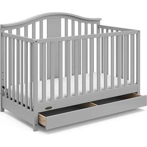 Graco Solano 4-in-1 Convertible Crib with Drawer (Pebble Gray) – GREENGUARD Gold Certified, Includes Full-Size Nursery Storage Drawer