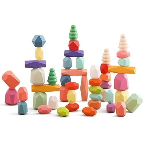 OESSUF Stacking Rocks 48Pcs Stacking Blocks Balancing Stacking Stones Wooden Building Toys Wood Stone Stacking Game for Toddler Sorting Preschool Educational Montessori Stacking Rocks for Kids