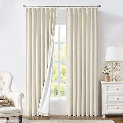 Sand Pinch Pleated Full Blackout Curtains Energy Efficient Linen Texture Window Treatment Panel 84 Inch with Full Blackout Liner for Bedroom Thermal Insulated Back Tab Drapes with Hooks, 40"Wx84"Lx2