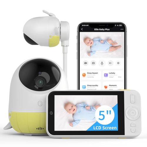 Ellie Baby Plus: 5" Monitor with 2.5K FHD Camera, Face Cover Alert,Crying & Breathing Detect, Night Vision, 2-Way Audio, Pan-Tilt-Zoom, Crib & Wall Mount All Inside,No WiFi, No Subscription, with APP