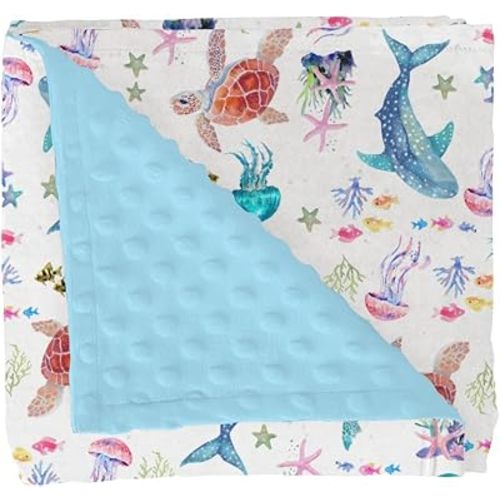 Fantasy Sea Animals Baby Blanket for Girl Boy Turtle Whale Jellyfish Corals Soft Mink Dotted Backing Double Layer Receiving Blanket Nautical Marine Life Bed Throws for Newborn Toddler Nursery 30x40