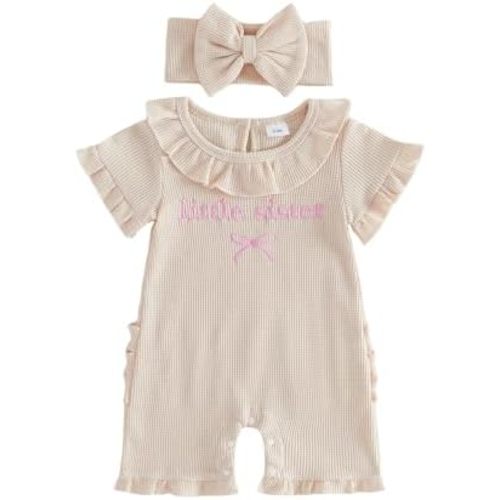 Bagilaanoe Newborn Baby Girl Short Sleeve Romper Jumpsuit 3 6 9 12 Months Little Sister Summer Outfit Waffle Clothes