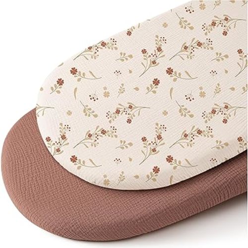 Konssy 2 Pack Muslin Fitted Bassinet Sheets for Baby Girl Boy, Soft Breathable Baby Bassinet Sheets Fit for Baby Bassinets, Cradle, Moses Basket Oval Rectangle Pad/Mattress (Chestnut, Posy)
