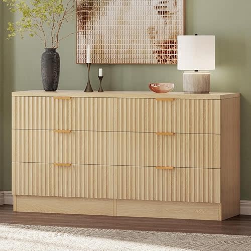 DWVO 6-Drawer Dressers, Chest of Drawers with Fluted Panel, Wide Versatile Storage Dresser Organizer for Living Room, Kitchen and Office, Natural, Upgraded