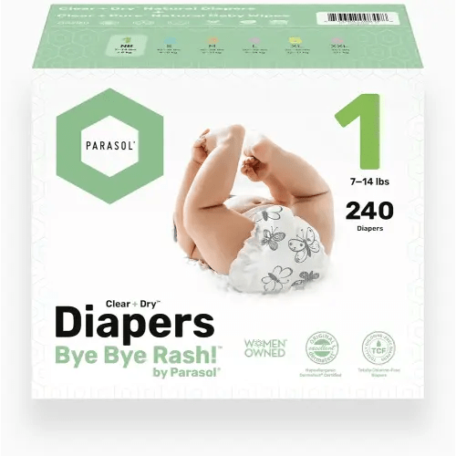 Parasol Clear+Dry Disposable Diapers and Clear+Pure Wipes, RashShield Protection, Size 1 (7-14 lbs), Diaper Bundle of 240 Diapers & 240 Wipes