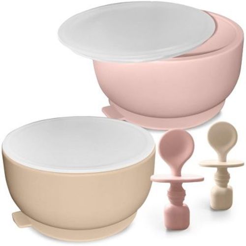Sperric Silicone Baby Feeding Set - Infant Suction Bowls With Lids And Spoons | Bpa Free Toddler Self Feeding Utensils For 0-6 Months (beach Sand)