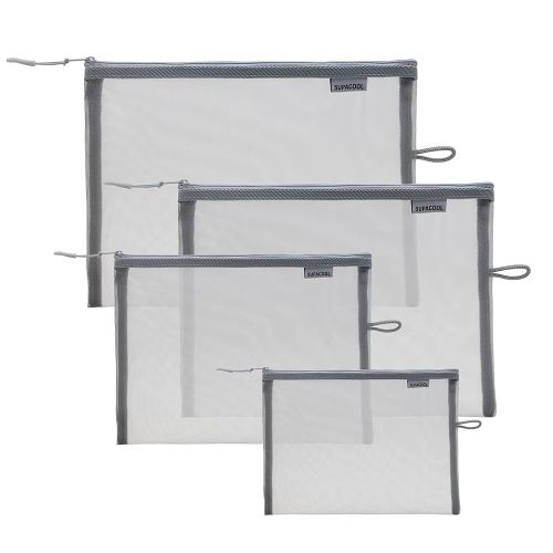 SUPACOOL Set of 4 Travel Mesh Makeup Bag, Cosmetic Organizer Pouches with Zipper, Diaper Organizing Pouches, Nylon Toiletries Bag for Women and Men(4pcs, Gray)