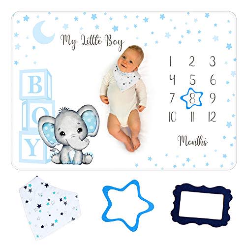 Monthly Milestone Blanket for Boy - Premium Extra Soft Fleece for Baby Shower - Newborn Month Nursery Decor - Capture Growth - With Bib + 2 Frames