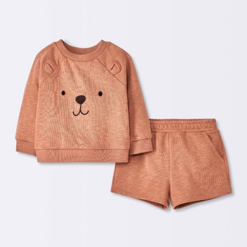 Baby Boys' French Terry Bear Sweatshirt & Shorts Set - Cloud Island™ Brown Newborn