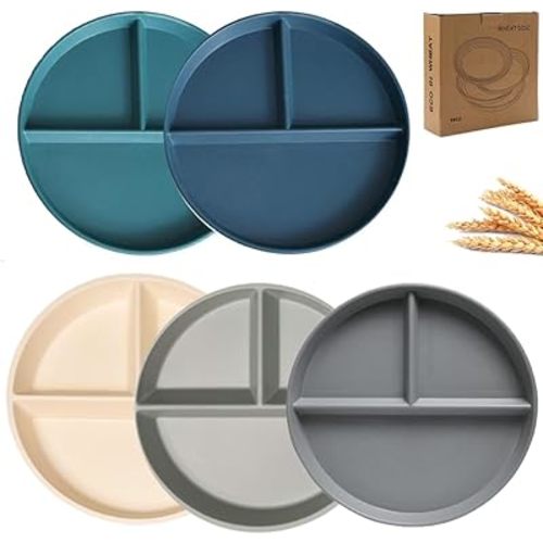 Unbreakable Divided Dinner Plate Set of 5, Wheat Straw Plates BPA Free 9 Inch, Portion Control Plate Healthy Eating & Bariatric Diet Divided Plates, Dinner Diet Plates for Kids