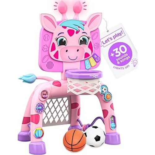 Move2Play, Giraffe Basketball Hoop & Soccer Goal Activity Center | 30+ Sounds & Songs + 5 Lights | 1 2 3 Year Old Birthday Gift for Boys and Girls | Toy for Baby & Toddlers (Pink)