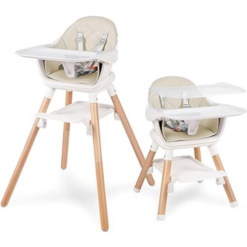 Baby High Chair, 6 in 1 Convertible Wooden High Chairs for Babies and Toddlers, Baby HighChair with Dishwasher Safe Double Removable Tray, Adjustable Footrest & Machine Washable Cushion