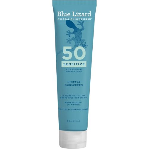Blue Lizard Sensitive Mineral SPF 50 Sunscreen Lotion, 100% Mineral Sunscreen, UVA/UVB Protection, Infused with organic Aloe Vera, Soothes and Hydrates, 5 fl oz